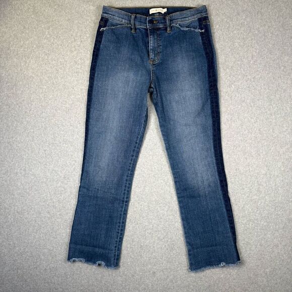 Tory Burch Womens 29 Straight Leg Two Tone Denim Jeans Blue Raw Hem Distressed - Picture 1 of 9